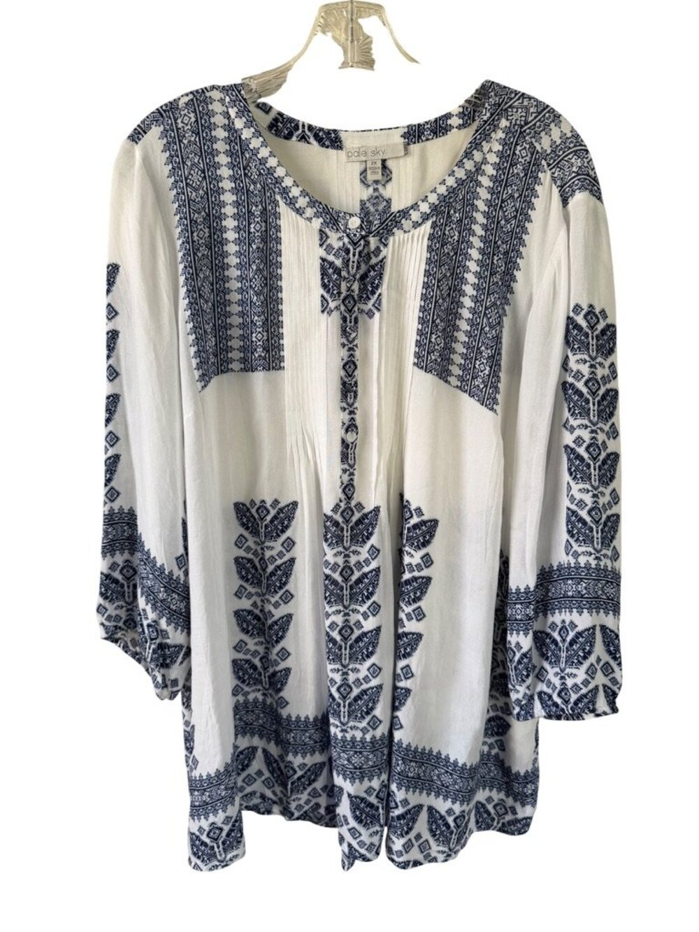 Pale Sky Blue & White Boho Peasant Blouse 2XL Lightweight Pleated Top